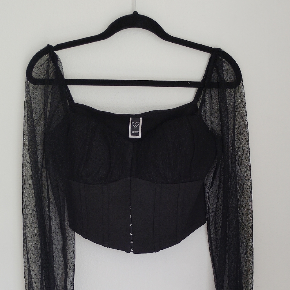 Windsor Womens Black Sheer Mesh Corset Babydoll Crop Top Sz M Fairy Whimsigoth